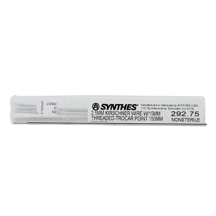 Synthes 292.75 2.5mm Kirschner Wire / 15mm Threaded Trocar Point, 150mm